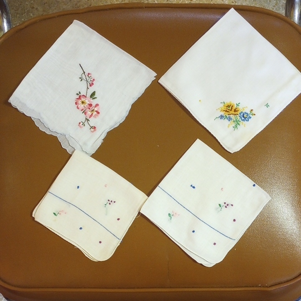 4 Embroidered Floral Handkerchiefs. White Pink Green Blue Yellow Brown Red